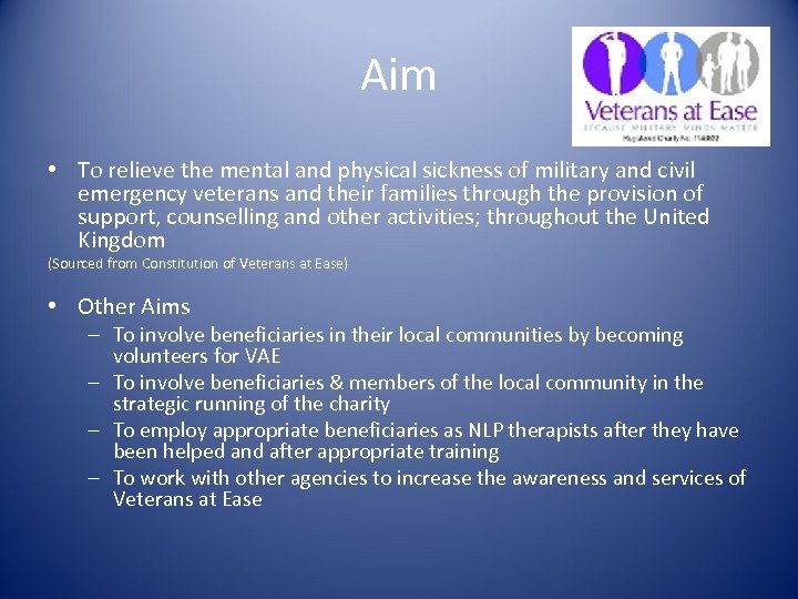 Aim • To relieve the mental and physical sickness of military and civil emergency