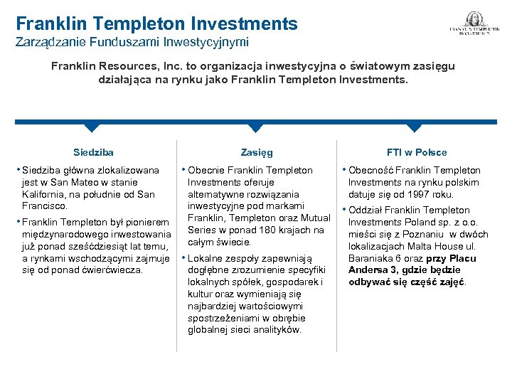 Franklin Templeton Investments Zarządzanie Funduszami Inwestycyjnymi Franklin Resources, Inc. to organizacja inwestycyjna o światowym