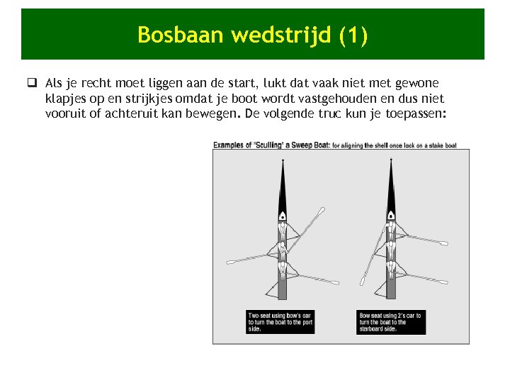 Bosbaan wedstrijd (1) q Als je recht moet liggen aan de start, lukt dat