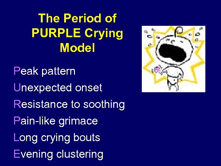The Period of PURPLE Crying Model Peak pattern Unexpected onset Resistance to soothing Pain-like