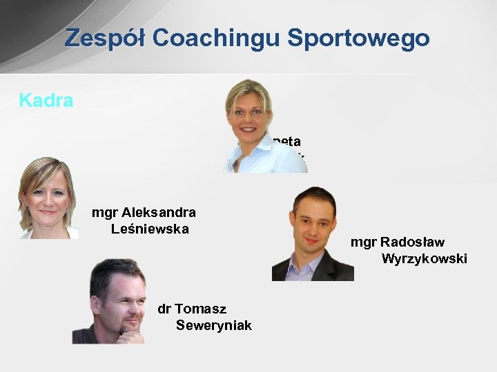 Zespół Coachingu Sportowego Kadra dr Aneta Stosik mgr Aleksandra Leśniewska dr Tomasz Seweryniak mgr