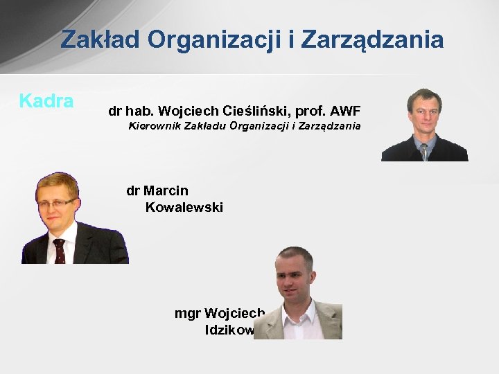 Zakład Organizacji i Zarządzania Kadra dr hab. Wojciech Cieśliński, prof. AWF Kierownik Zakładu Organizacji