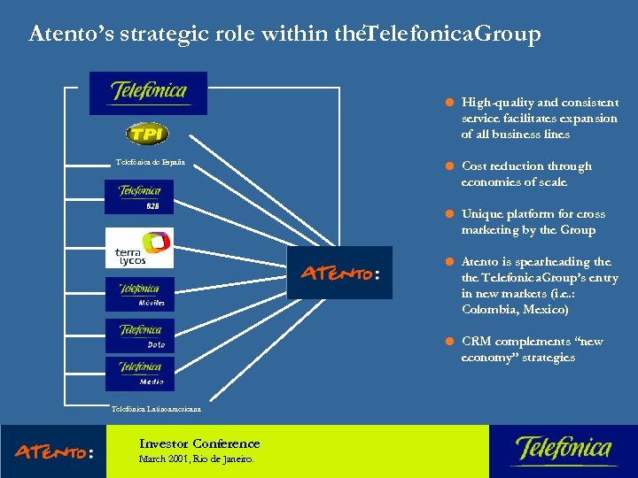 Atento’s strategic role within the. Telefonica Group l March 2001, Rio de Janeiro. Unique