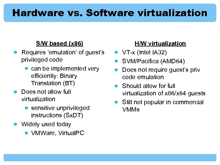 Hardware vs. Software virtualization S/W based (x 86) Requires ‘emulation’ of guest’s privileged code