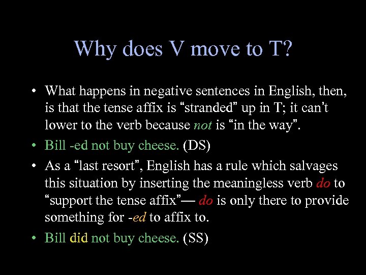 Why does V move to T? • What happens in negative sentences in English,
