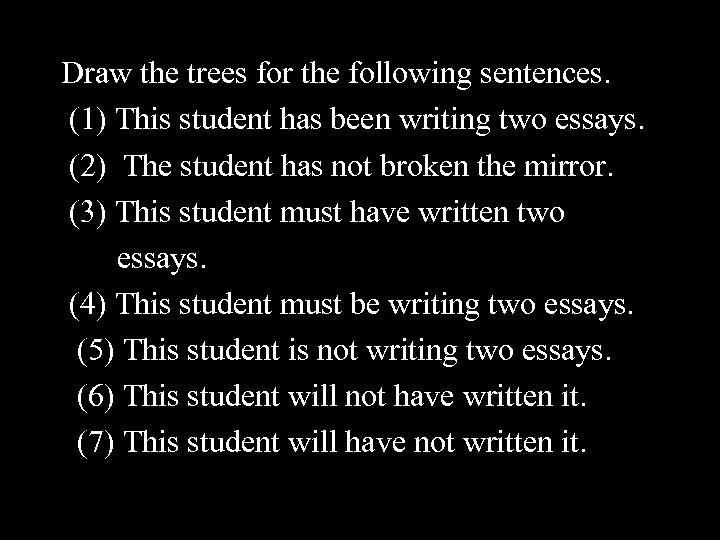 Draw the trees for the following sentences. (1) This student has been writing two