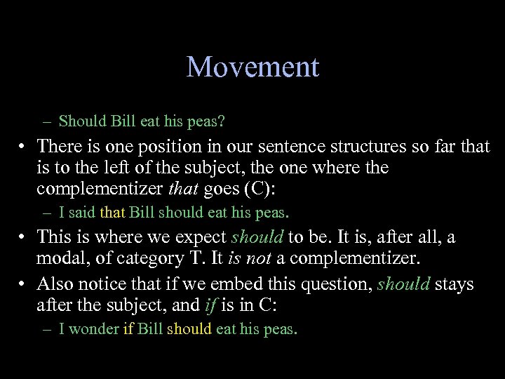 Movement – Should Bill eat his peas? • There is one position in our