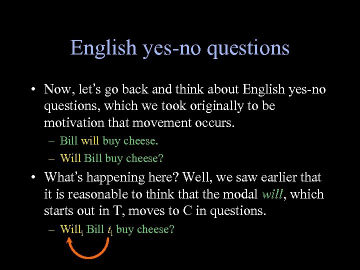 English yes-no questions • Now, let’s go back and think about English yes-no questions,