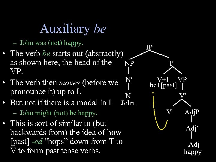 Auxiliary be – John was (not) happy. • The verb be starts out (abstractly)