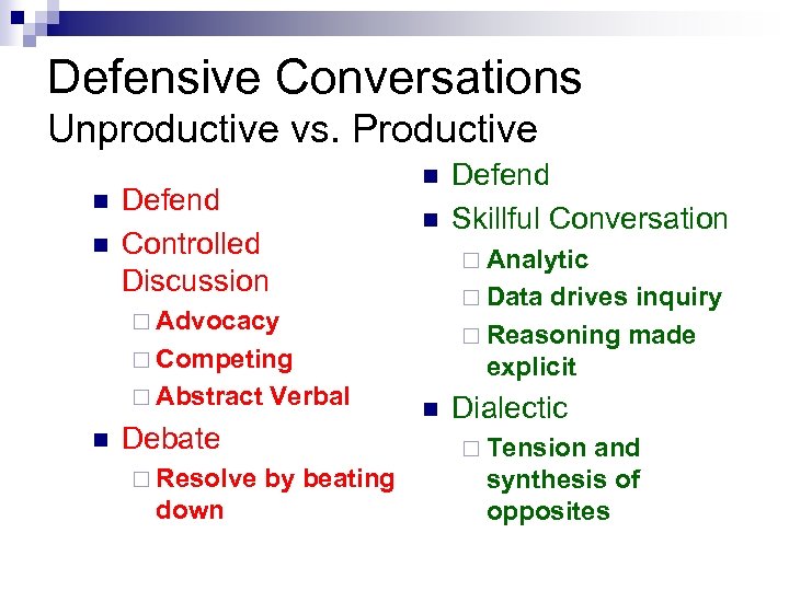 Defensive Conversations Unproductive vs. Productive n n n Defend Controlled Discussion n ¨ Analytic