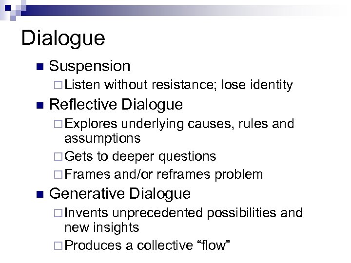 Dialogue n Suspension ¨ Listen n without resistance; lose identity Reflective Dialogue ¨ Explores