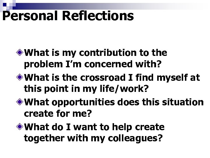 Personal Reflections What is my contribution to the problem I’m concerned with? What is