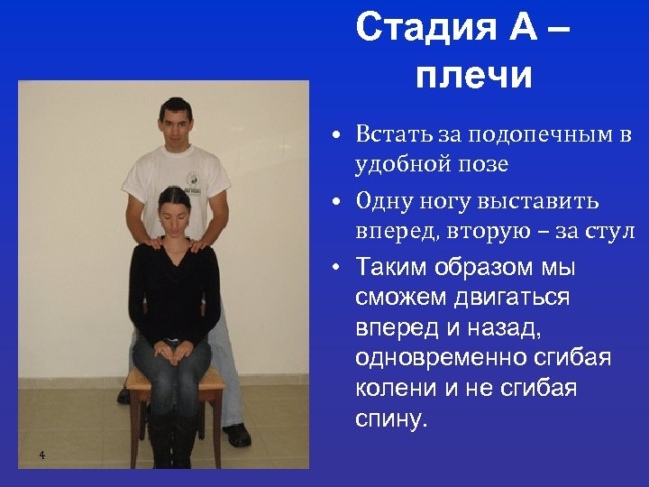Стадия А – плечи • Встать за подопечным в удобной позе • Одну ногу