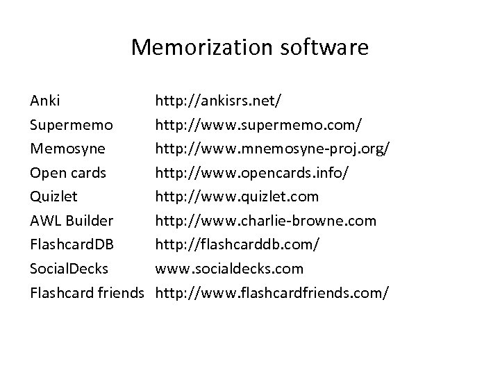 Memorization software Anki Supermemo Memosyne Open cards Quizlet AWL Builder Flashcard. DB Social. Decks