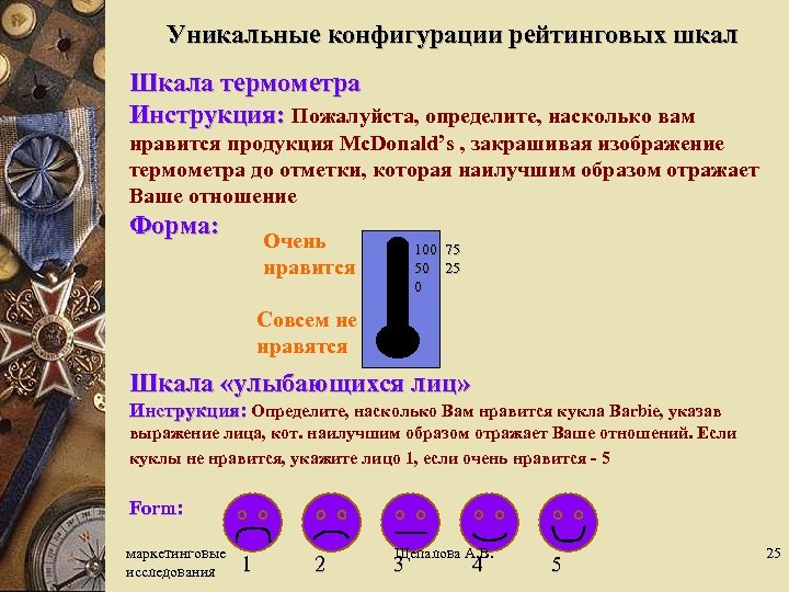 Уникальные конфигурации рейтинговых шкал Шкала термометра Инструкция: Пожалуйста, определите, насколько вам нравится продукция Mc.