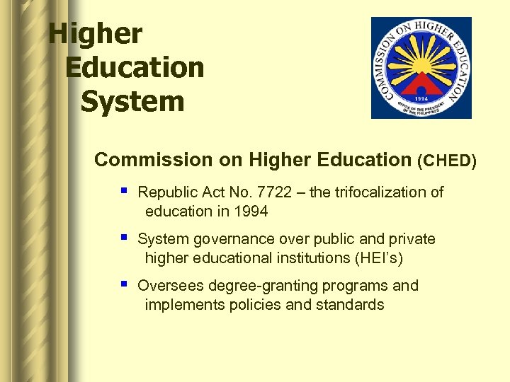 Higher Education System Commission on Higher Education (CHED) § Republic Act No. 7722 –