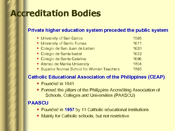 Accreditation Bodies Private higher education system preceded the public system § § § §