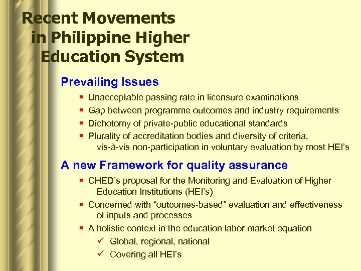 Recent Movements in Philippine Higher Education System Prevailing Issues § § Unacceptable passing rate