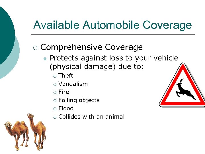 Available Automobile Coverage ¡ Comprehensive Coverage l Protects against loss to your vehicle (physical