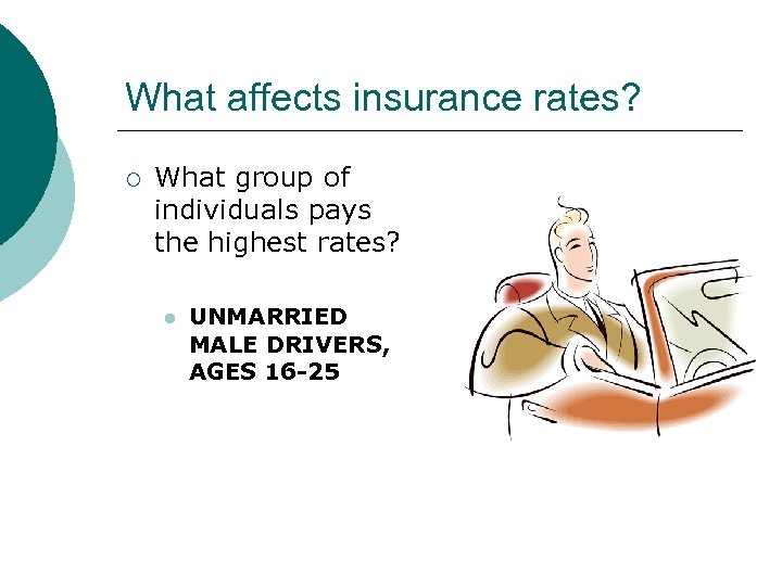 What affects insurance rates? ¡ What group of individuals pays the highest rates? l