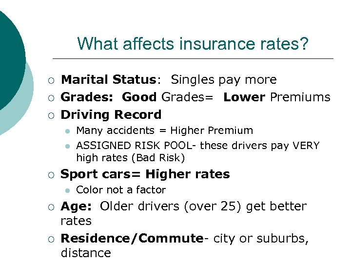What affects insurance rates? ¡ ¡ ¡ Marital Status: Singles pay more Grades: Good