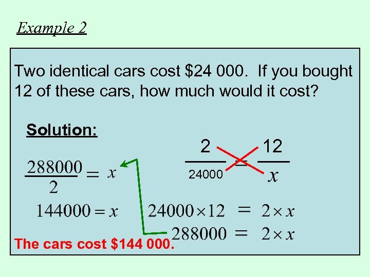 Example 2 Two identical cars cost $24 000. If you bought 12 of these