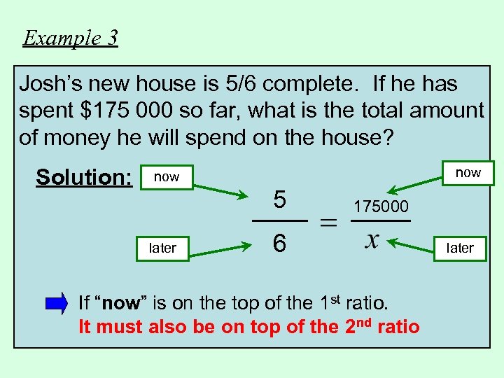 Example 3 Josh’s new house is 5/6 complete. If he has spent $175 000