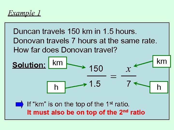 Example 1 Duncan travels 150 km in 1. 5 hours. Donovan travels 7 hours