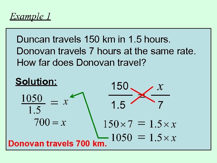 Example 1 Duncan travels 150 km in 1. 5 hours. Donovan travels 7 hours