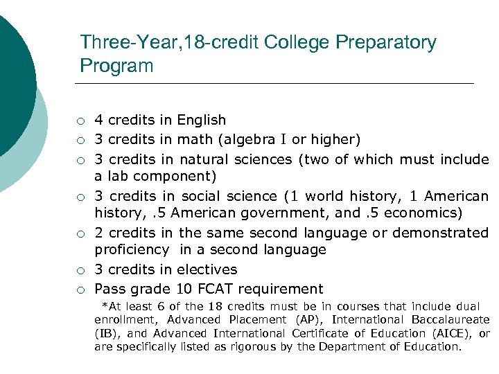 Three-Year, 18 -credit College Preparatory Program ¡ ¡ ¡ ¡ 4 credits in English