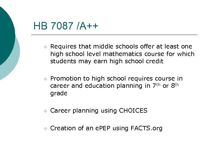 HB 7087 /A++ v Requires that middle schools offer at least one high school