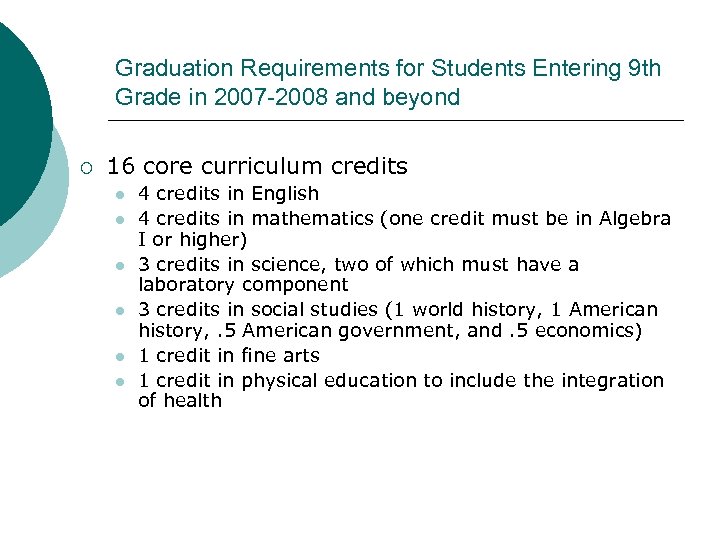 Graduation Requirements for Students Entering 9 th Grade in 2007 -2008 and beyond ¡