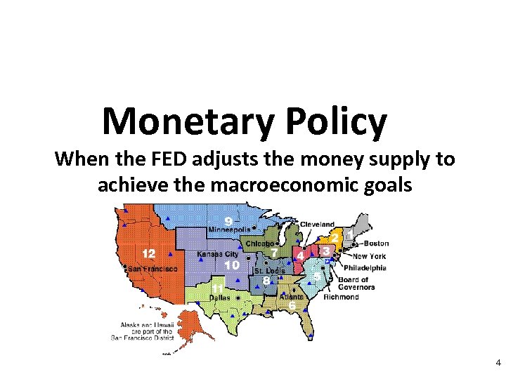 Monetary Policy When the FED adjusts the money supply to achieve the macroeconomic goals