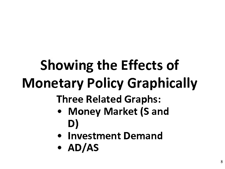 Showing the Effects of Monetary Policy Graphically Three Related Graphs: • Money Market (S