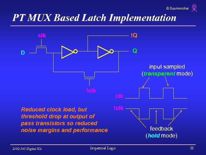B. Supmonchai PT MUX Based Latch Implementation clk !Q Q D input sampled (transparent