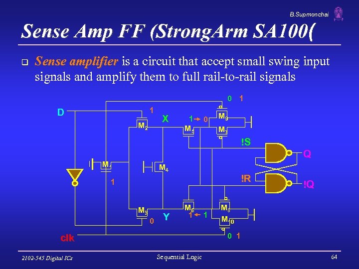 B. Supmonchai Sense Amp FF (Strong. Arm SA 100( q Sense amplifier is a