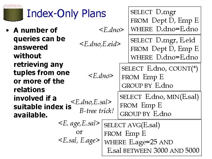 Index-Only Plans SELECT D. mgr FROM Dept D, Emp E WHERE D. dno=E. dno