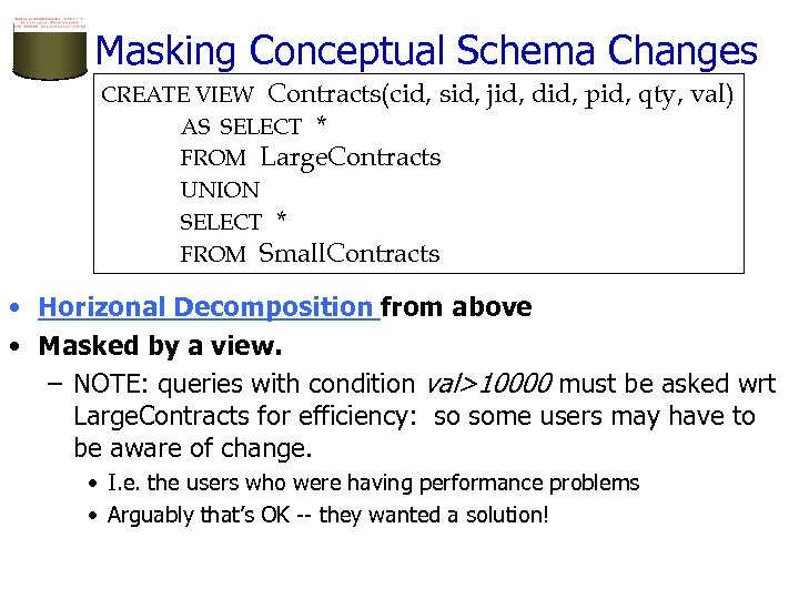 Masking Conceptual Schema Changes CREATE VIEW Contracts(cid, sid, AS SELECT * FROM Large. Contracts