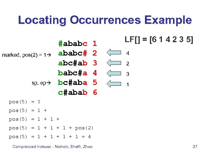 Locating Occurrences Example marked, pos(2) = 1 sp, ep #ababc# abc#ab babc#aba c#abab 1