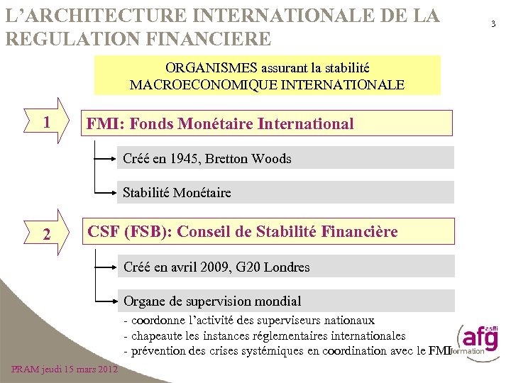 L’ARCHITECTURE INTERNATIONALE DE LA REGULATION FINANCIERE ORGANISMES assurant la stabilité MACROECONOMIQUE INTERNATIONALE 1 FMI: