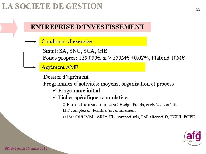 LA SOCIETE DE GESTION ENTREPRISE D’INVESTISSEMENT Conditions d’exercice Statut: SA, SNC, SCA, GIE Fonds