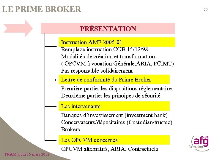 LE PRIME BROKER PRÉSENTATION Instruction AMF 2005 -01 Remplace instruction COB 15/12/98 Modalités de
