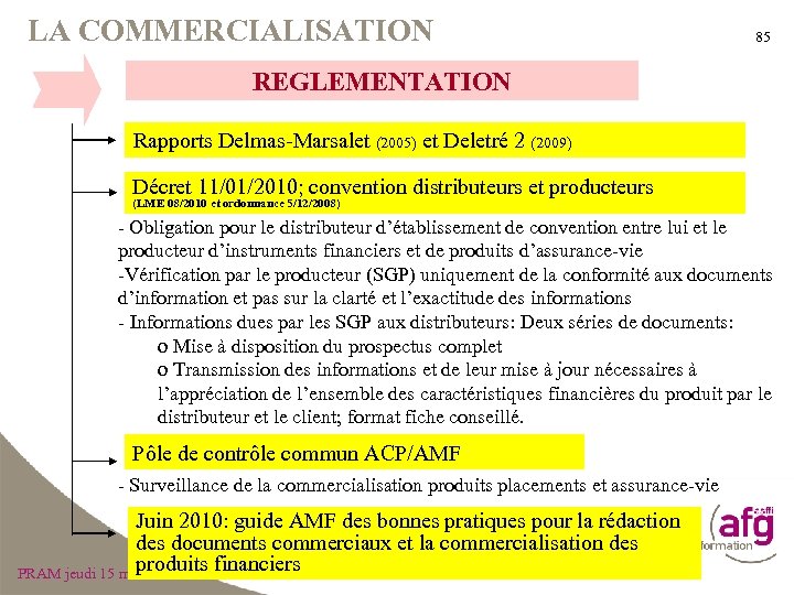 LA COMMERCIALISATION 85 REGLEMENTATION Rapports Delmas-Marsalet (2005) et Deletré 2 (2009) Décret 11/01/2010; convention