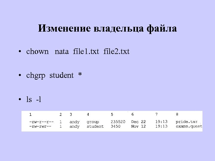 Изменение владельца файла • chown nata file 1. txt file 2. txt • chgrp