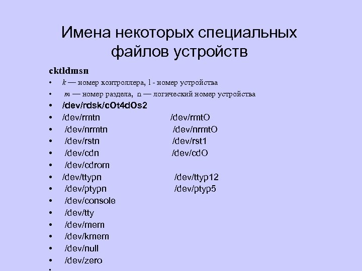 Имена некоторых специальных файлов устройств cktldmsn • • k — номер контроллера, l -
