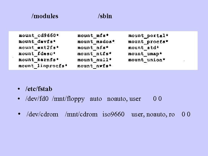 /modules /sbin • /etc/fstab • /dev/fd 0 /mnt/floppy auto noauto, user 0 0 •