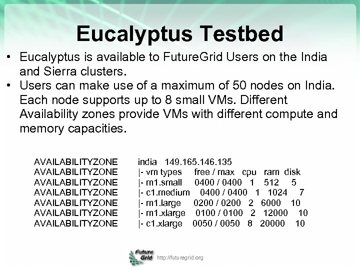 Eucalyptus Testbed • Eucalyptus is available to Future. Grid Users on the India and