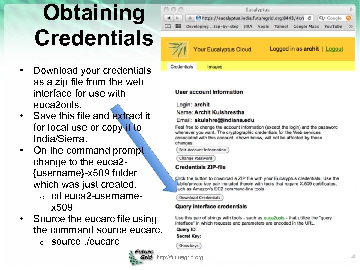 Obtaining Credentials • Download your credentials as a zip file from the web interface