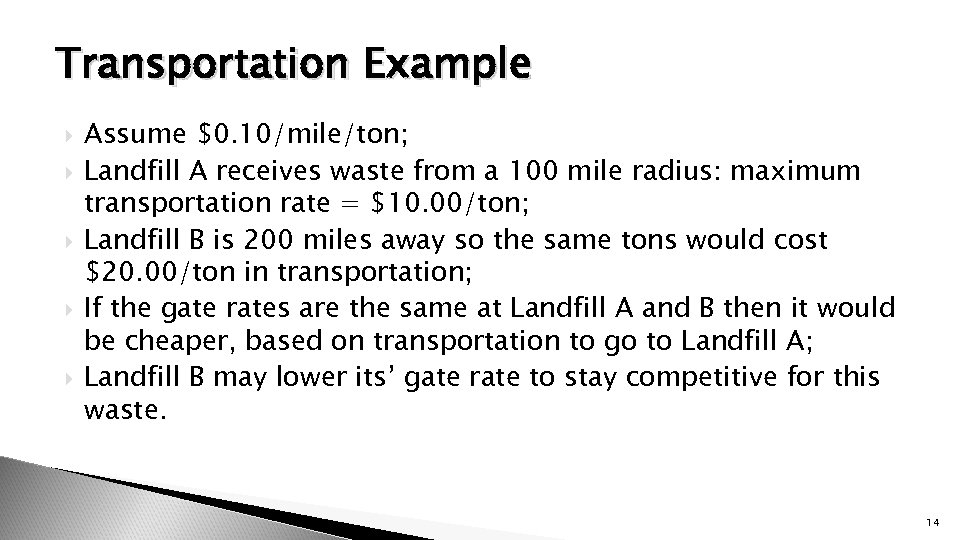 Transportation Example Assume $0. 10/mile/ton; Landfill A receives waste from a 100 mile radius: