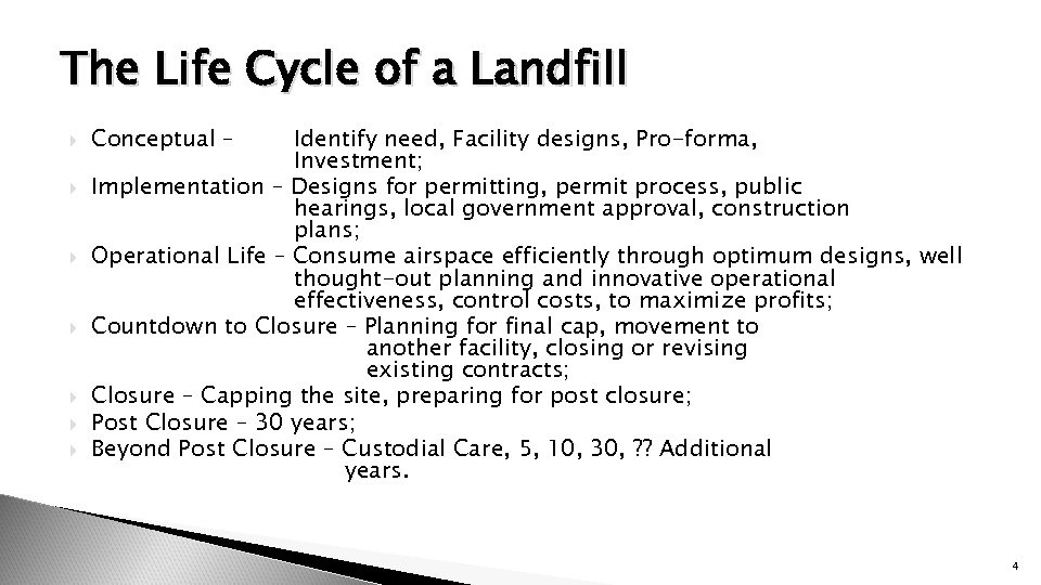 The Life Cycle of a Landfill Conceptual – Identify need, Facility designs, Pro-forma, Investment;